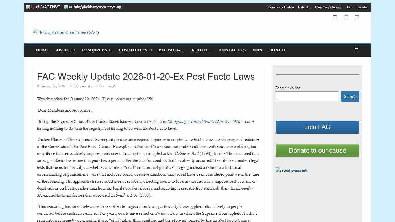 FAC Weekly Update 2026-01-20-Ex Post Facto Laws - Florida Action Committee (FAC)