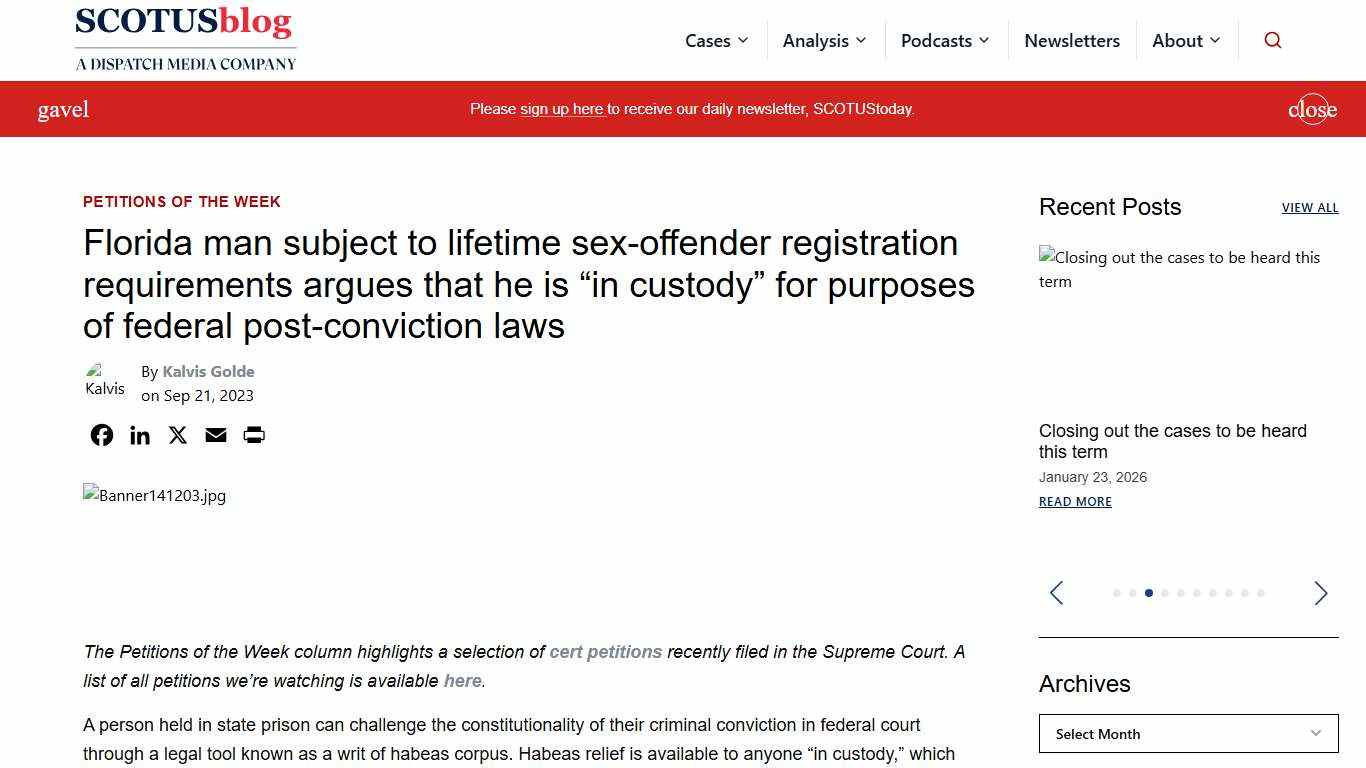 Florida man subject to lifetime sex-offender registration requirements argues that he is "in custody" for purposes of federal post-conviction laws - SCOTUSblog